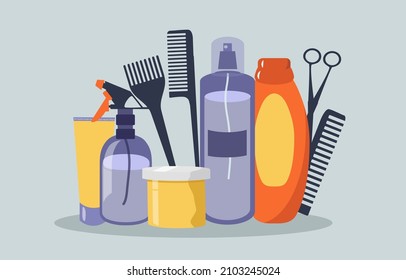 vector flat style  illustration on the theme of hair care, beauty salons. hair care and styling products, hairdressing tools and combs.