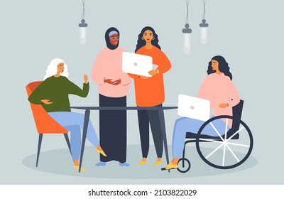 vector flat style  illustration on the theme of inclusion and diversity. different women - a woman in a hijab and a woman, who use a wheelchair work in the office