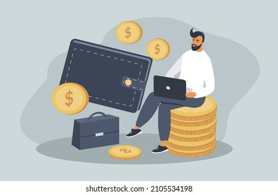 vector flat style illustration on the theme of investment, passive income. a man sits with a laptop on a stack of coins, next to a briefcase and a big wallet