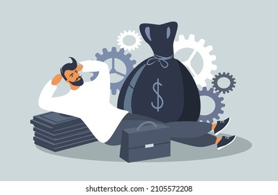 vector flat style illustration on the theme of investment, passive income. a man lies on a stack of banknotes. next to him is a large bag of money, a briefcase and gears
