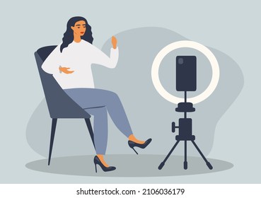 Vector Flat Style Illustration On The Theme Of Blogging, Shooting Video Content. Girl Blogger Shoots Video On A Smartphone.