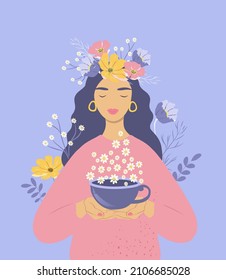 vector flat style illustration on the theme of spring, flowers. a girl in a wreath of meadow flowers carries a mug of chamomile in her hands
