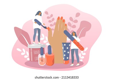 vector flat style illustration on the theme of manicure, hand care. a large hand on which manicure masters work, next to it are nail polishes and creams.