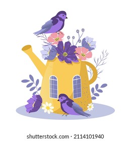vector flat style illustration on the theme of spring, flowers, floristry. Large watering can, on which cute birds sit. around them are meadow flowers. greeting card template