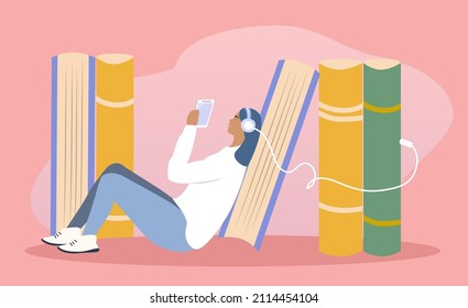 vector flat style illustration on the theme of audiobooks. a girl listens to a book through a smartphone in headphones.