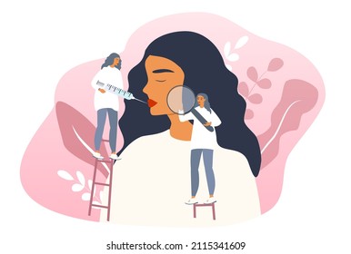 Vector Flat Style Illustration On The Theme Of Cosmetology, Skin Care, Dermatology. Two Doctors Inject Girl, Examine Her Skin.