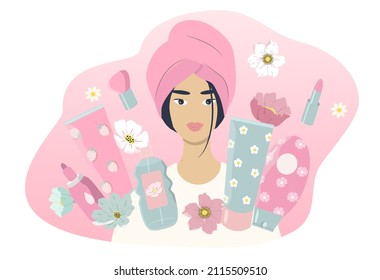 vector flat style illustration on the theme of Korean cosmetics, Asian face care. Asian girl with a towel on her head and a lot of beauty and decorative cosmetics