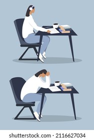 Vektorgrafik im flachen Stil zum Thema emotionaler Brenout. Müdigkeit, Mangel an Stärke und Inspiration. das Mädchen arbeitet am Tisch und sitzt dann, um den Kopf zu halten.