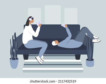 vector flat style illustration on the theme of addiction to the Internet and social networks. man and woman sitting looking at their smartphones