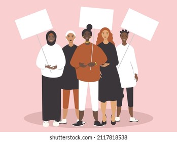 vector flat style illustration on the theme of feminism, women's rights movement. Women of different races and cultures with placards