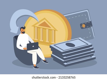 Vektorgrafik mit flachem Stil zum Thema Investitionen, Passiveinkommen. ein Mann sitzt mit einem Laptop in einem Sessel, neben ihm ist eine große Münze, ein Stapel Banknoten und ein Portemonnaie