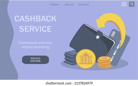 Vektorgrafik im flachen Stil zum Thema Cashback-Service - großer Pfeil und eine Brieftasche. Stapel von Münzen und Banknoten. Banner für Website