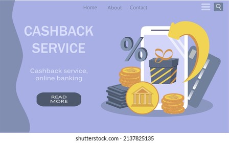 vector flat style illustration on the theme of cashback. a smartphone, on the screen of which money is returned to the card. banner for site
