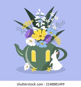 vector flat style illustration on the theme of summer, flowers, harmony, fairy tales. a large teapot with windows and flowers, next to it is a cute rabbit. greeting card