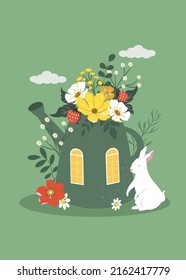 vector flat style illustration on the theme of summer, flowers, fairy tales. postcard template. a large watering can with windows and flowers, next to it is a cute white rabbit