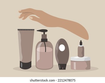 vector flat style illustration on the theme of cosmetics, skin care, Hand and lot of cosmetics - lotions, creams, balms, serum