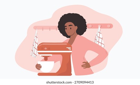 vector flat style illustration on the theme of baking. woman and food processor