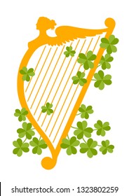 Vector flat style illustration with orange harp silhouette and clover leaves. Decorative element for Saint Patrick's Day designs.