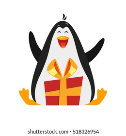 Vector flat style illustration of penguin with gift. Isolated on white background. Holiday greeting card template.