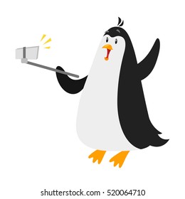 Vector flat style illustration of penguin selfie. Isolated on white background.