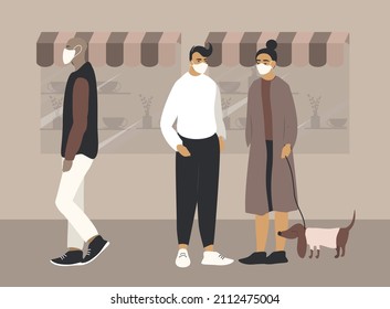 vector flat style illustration - people in medical masks on the streets of the city