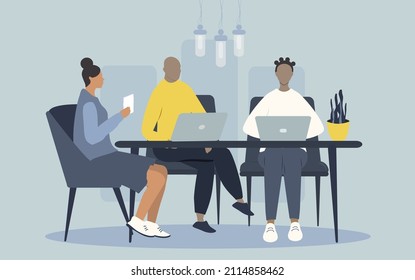 ilustración de estilo vectorial plano - personas de diferentes razas trabajan en la oficina para laptops.