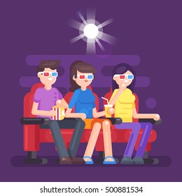 Vector flat style illustration of people watching 3d movie at the cinema.