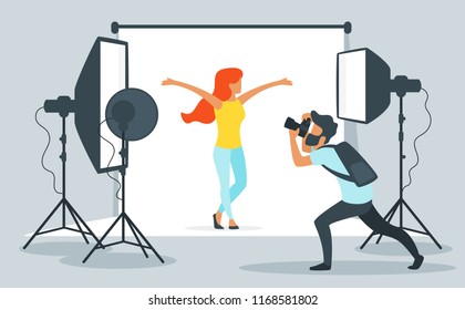 Vector flat style illustration of photo equipment in photography studio with lights and camera. Young model posing for photos. Photographer at work. Minimalism design with people silhouettes.