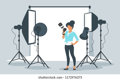 Vector flat style illustration of photo equipment in photography studio with lights and camera. Photographer young woman at work. Minimalism design with people silhouettes.