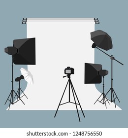 Vector flat style illustration of photo equipment in photography studio with lights and camera.