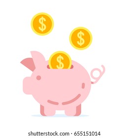 Vector flat style illustration of a piggy bank with golden coins. Isolated on white background. Icon for web.