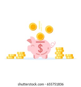 Vector flat style illustration of a piggy bank with golden coins. Isolated on white background. Icon for web.