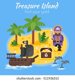 Vector flat style illustration of pirate ship, island and treasure chest. Board game icon.