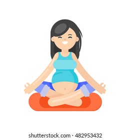 Vector flat style illustration of pregnant woman doing yoga. Girl in lotus position. Isolated on white background. Healthy lifestyle. 