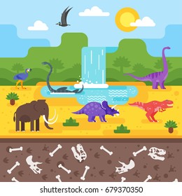 Vector flat style illustration of prehistoric landscape with dinosaurs. 