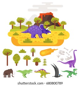 Vector flat style illustration of prehistoric landscape mountains and volcano with dinosaurs. Set of Jurassic icons animals and plants.  Isolated on white background.