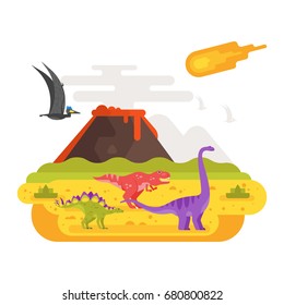 Vector flat style illustration of prehistoric landscape mountains and volcano with dinosaurs. Meteorite flying in the sky.  Isolated on white background.