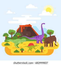 Vector flat style illustration of prehistoric landscape mountains and volcano with dinosaurs.   