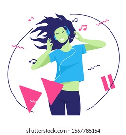Vector flat style illustration of a pretty smiling, dancing, listening to the music young woman with headphones.