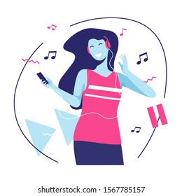 Vector flat style illustration of a pretty smiling, dancing, listening to the music young woman with headphones.