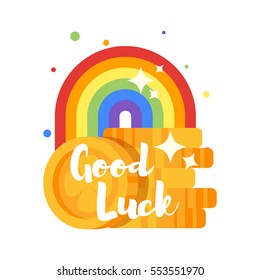 Vector flat style illustration of rainbow. With title "God Luck". Icon for web. Isolated on white background.