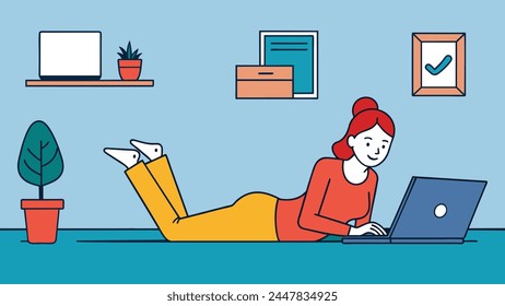 Vector flat style illustration, Remote worker in home office, Woman using laptop while lying on the floor