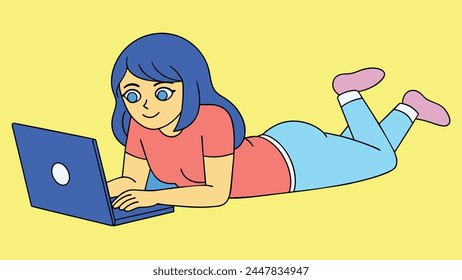 Vector flat style illustration, Remote worker in home office, Woman using laptop while lying on the floor