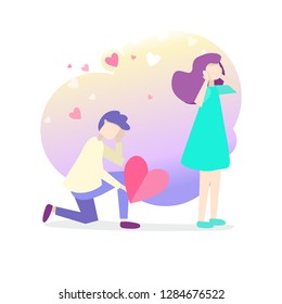 Vector flat style illustration of a sad man makes on knee with broken heart and the woman refused. Not mutual love. Denial of love confession