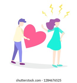 Vector flat style illustration of a sad man with broken heart and and the woman refused his love. Evil woman. Not mutual love. Denial of love confession