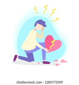 Vector flat style illustration of a sad man makes on knee with broken heart. Not mutual love. Denial of love confession