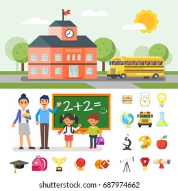 Vector flat style illustration of school building and yellow bus. Education related objects and characters.