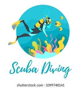 Vector flat style illustration of a scuba diver diving under the sea. Underwater background with sea flora and fauna. Coral reef, sea plants and fishes. 