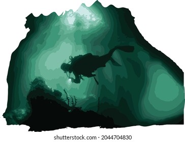 Vector flat style illustration of a scuba diver diving under the sea. 