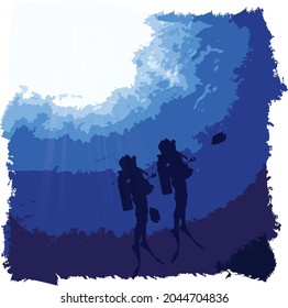 Vector flat style illustration of a scuba diver diving under the sea. 